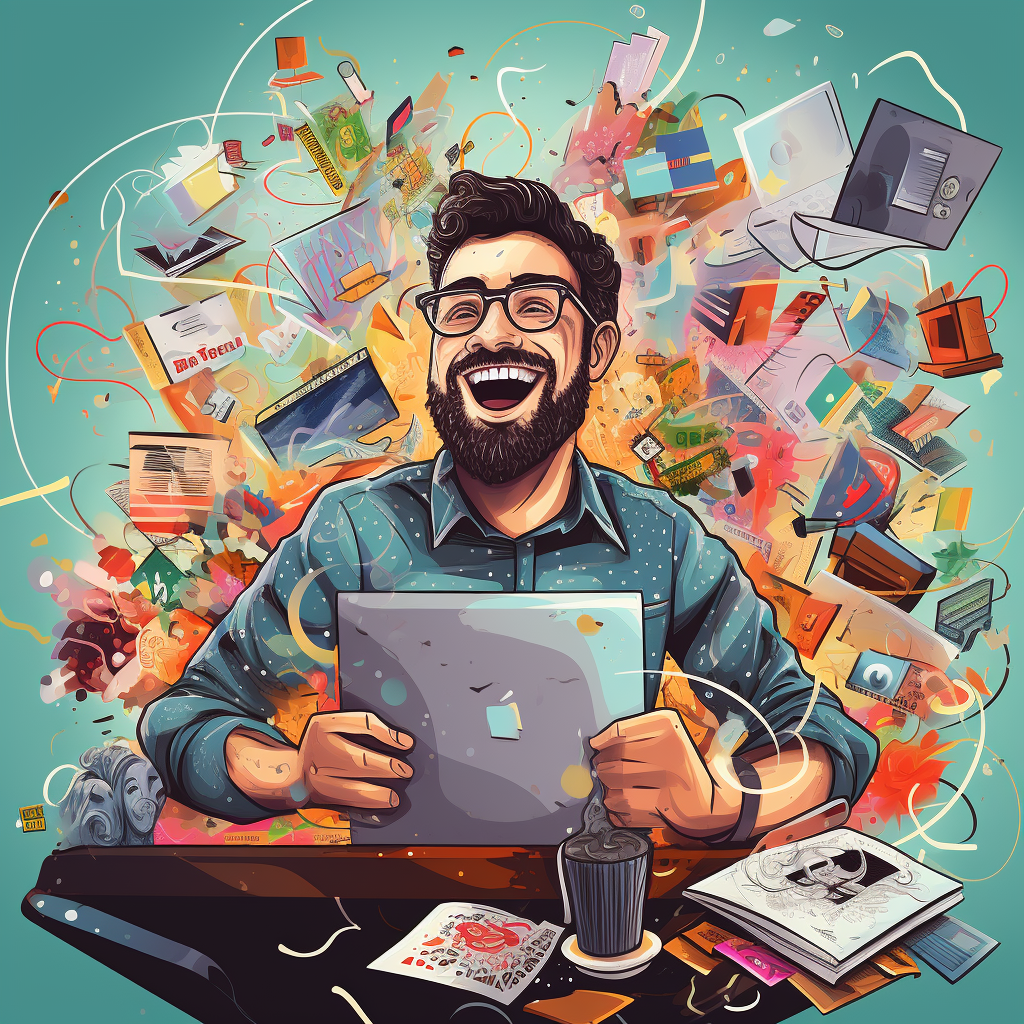 AI-generated office worker who is happy at work using AI